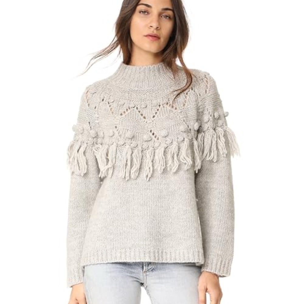 Rachel Zoe Gray Tassel Fringe Knit Sweater  Size Large
